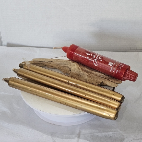 3-GOLD Wax 10" TALL Candles PLUS 1-6" Chunky American Greetings RED Christmas - Picture 5 of 16